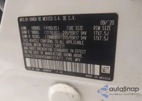 2021 Honda Hr-V Awd Ex from USA, damaged, VIN 3CZRU6H56MM701671